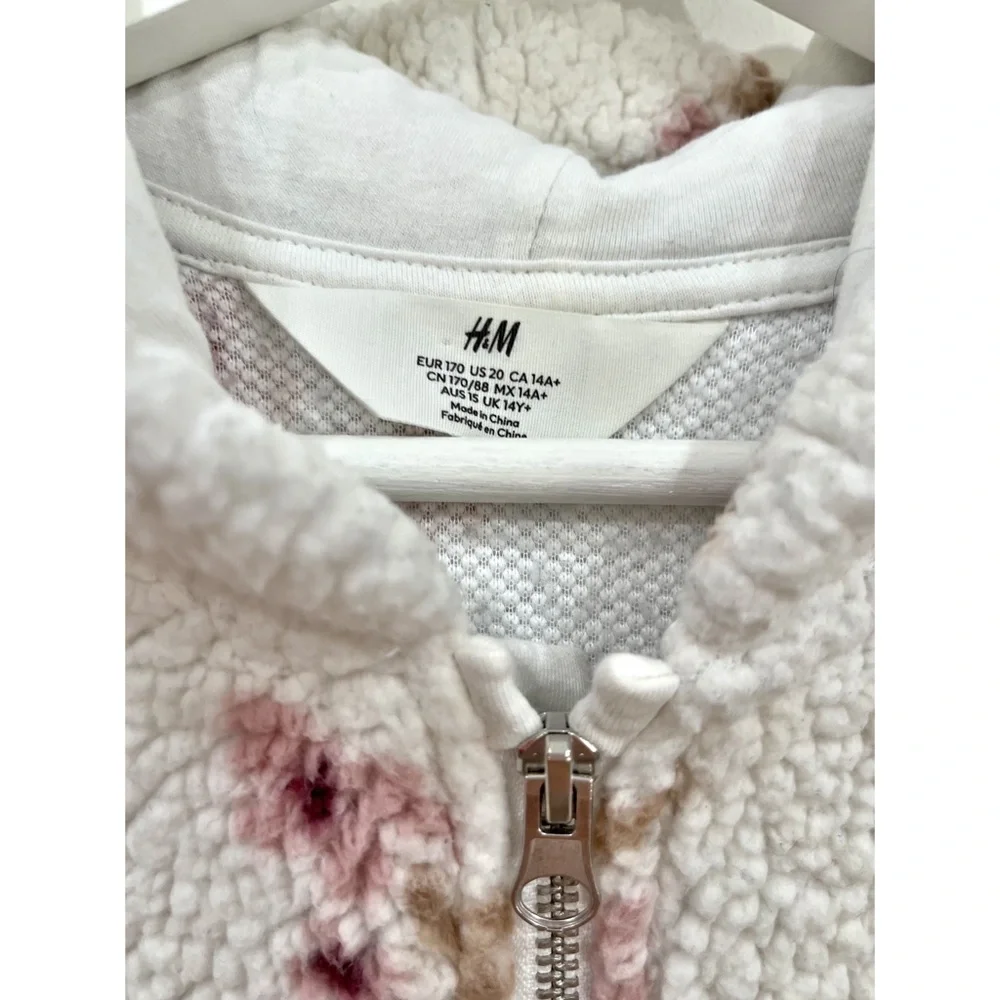 H&M Kids Floral Teddy Fleece Hooded Jacket White Pink Flowers Size 14/16 XL